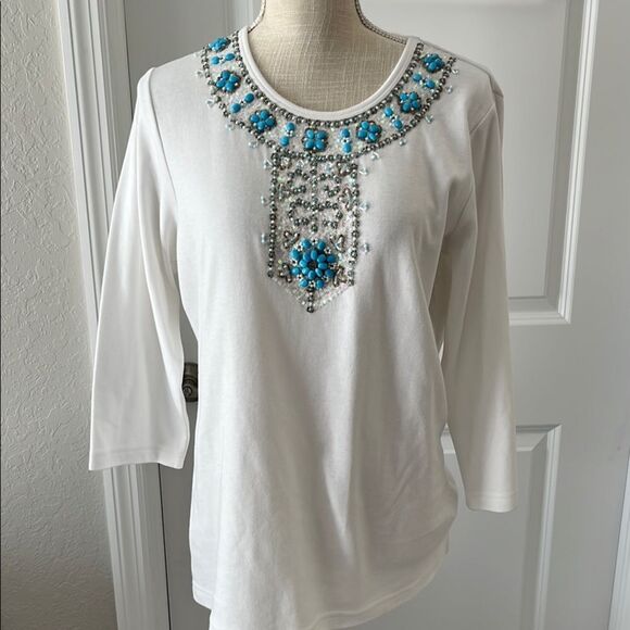 Quacker Factory White and Blue Turquoise Embellished 3/4 Sleeve Blouse - Picture 1 of 11